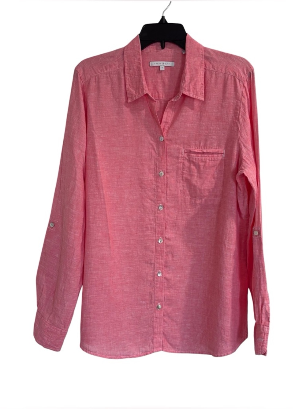 Foxcroft 100% Linen Button Front Shirt Pink/Red Mother Of Pearl Women’s Size 12